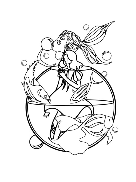 Fantasy Girl and Goldfish Coloring Page