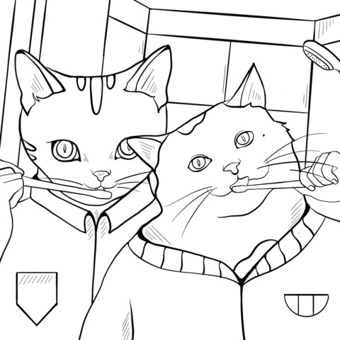 Coloring Page of Two Cats Brushing Teeth