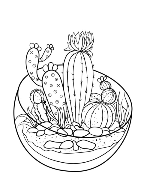 Página para colorear de cactus en un contenedor de vidrio