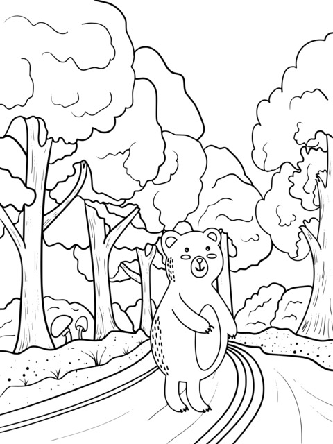 Cute Bear on Road in Forest Coloring Page