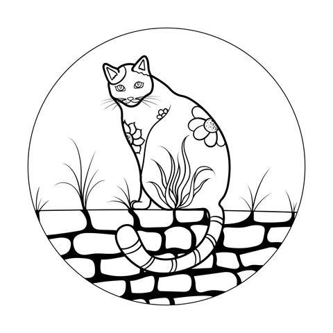 Gato com motivos de flores no muro