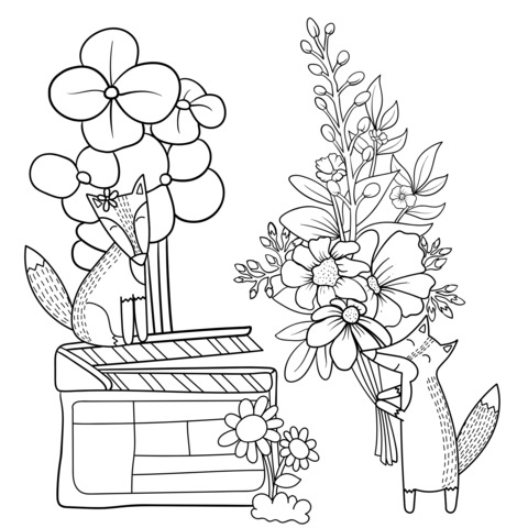 Fox and Flower Coloring Page