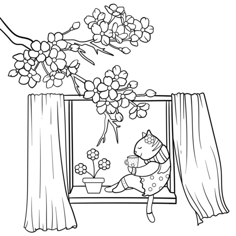 Cat by the Window Enjoying Flowers Coloring Page