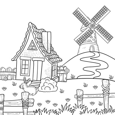 Rural Scenery Coloring Page: Cottage and Windmill