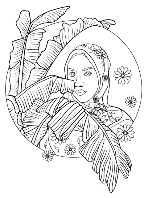 Woman in Headscarf Amidst Green Leaves and Flowers