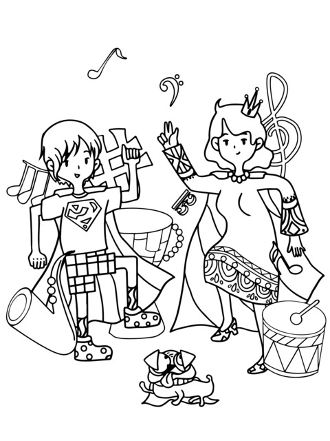 Children's Creative Dress - up and Music - themed Coloring Page