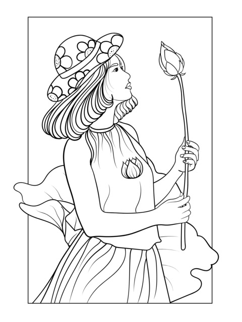 Coloring Page of a Woman Holding a Lotus Flower