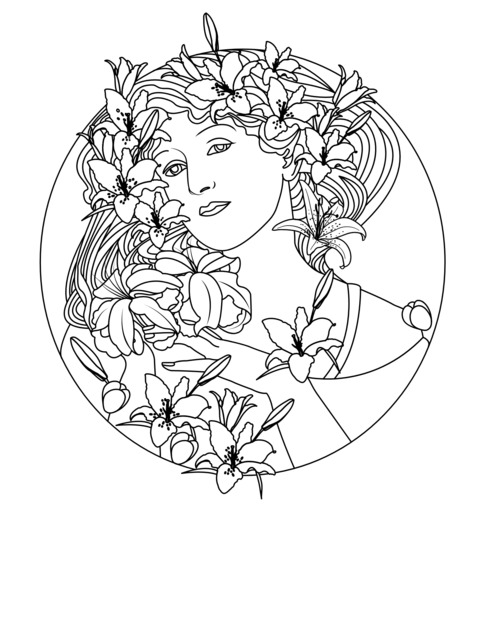 Página de colorir de ilustração de mulher rodeada de flores