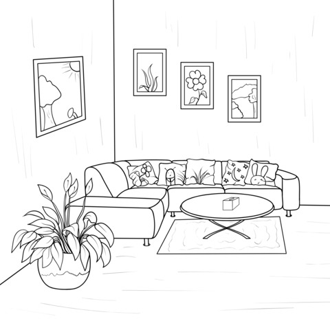 Cute Living - Room Scene Coloring Page