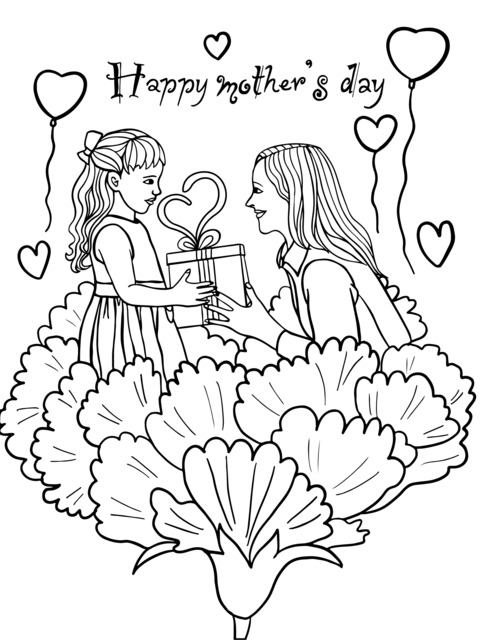 Mother's Day Coloring Page: Daughter Giving a Gift Scene