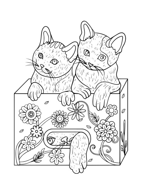 Coloring Page of Two Cats and a Flower - box