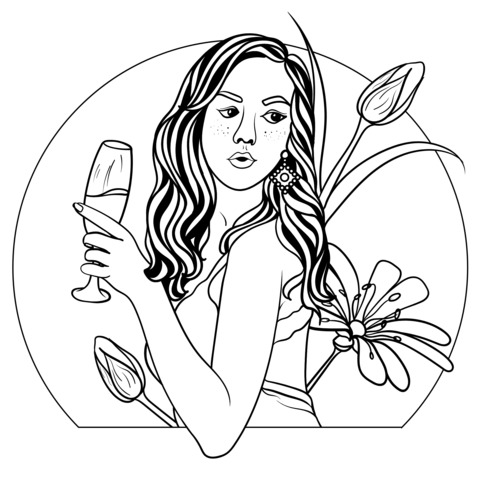 Beautiful Woman Holding a Wine Glass Coloring Page