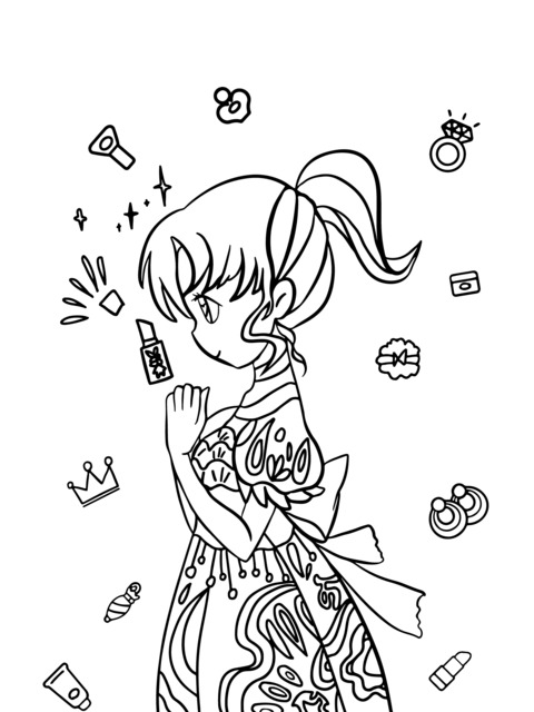 Coloring Page of a Pink - Haired Girl with Beauty Products and Accessories