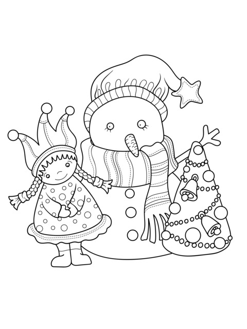 Página para colorear de una niña pequeña, muñeco de nieve y árbol de Navidad