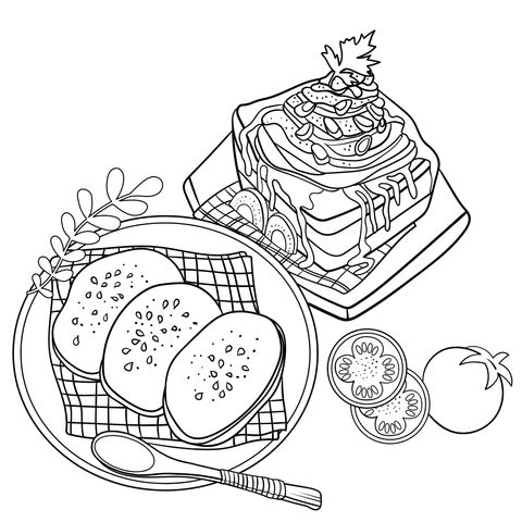 Página de colorear de comida deliciosa: Ilustración de pan y pastel