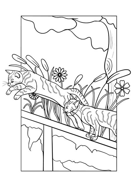 Outdoor Adventure Coloring Page of Two Cats