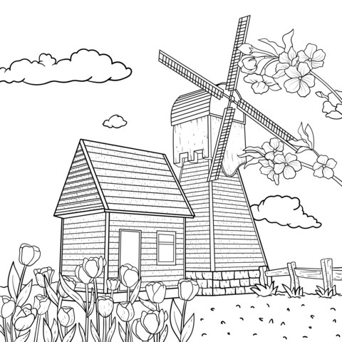 Windmill, Cottage and Flowers Coloring Page