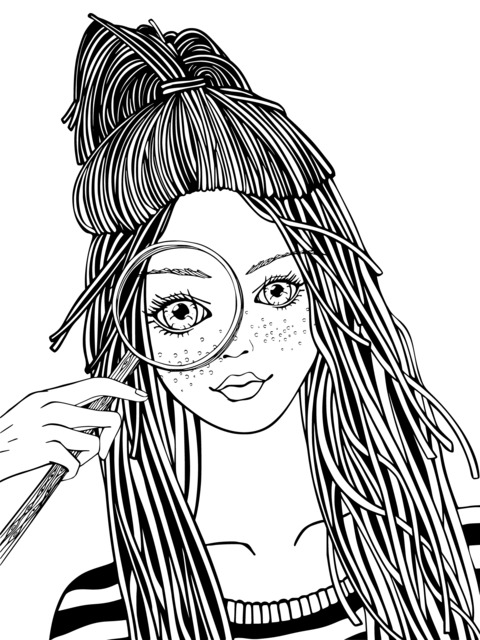 Red - Haired Girl with Magnifying Glass Coloring Page