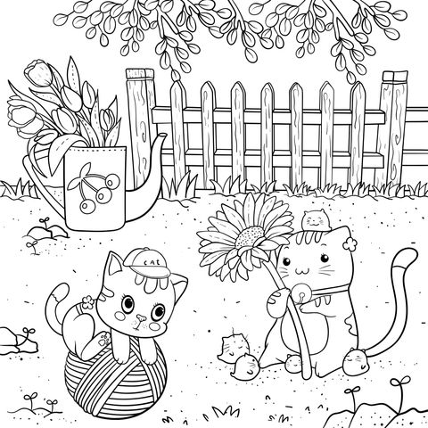 Página para colorir de gatos adoráveis e jardim