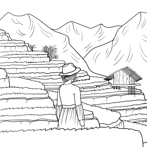 Rural Scenery Coloring Page: Woman in Red and Terraced Fields with Mountains