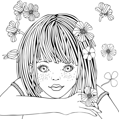 Cute Girl with Flowers Coloring Page