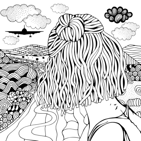 Coloring Page of a Girl's Back View with Scenery