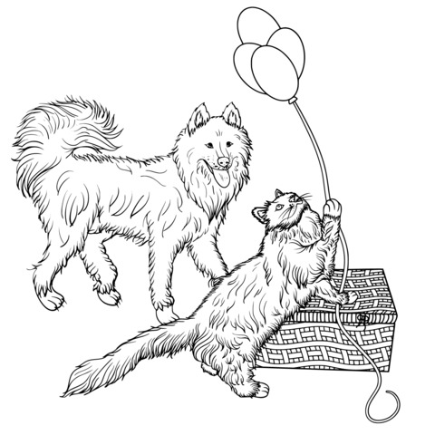 Coloring Page of a Cat and a Dog Playing