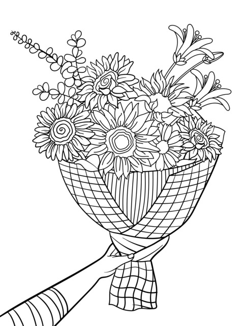 Coloring Page of a Hand - Held Colorful Bouquet