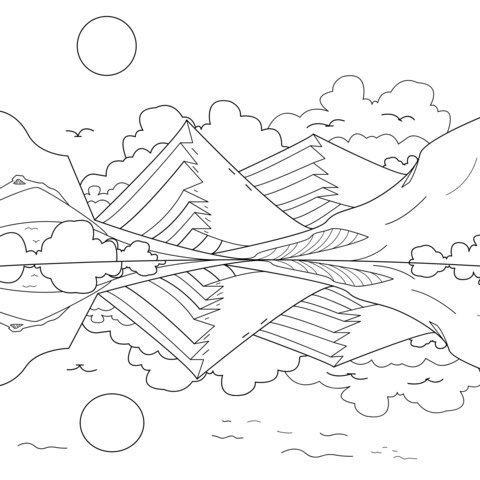 Beautiful Mountain - Water Landscape Coloring Page