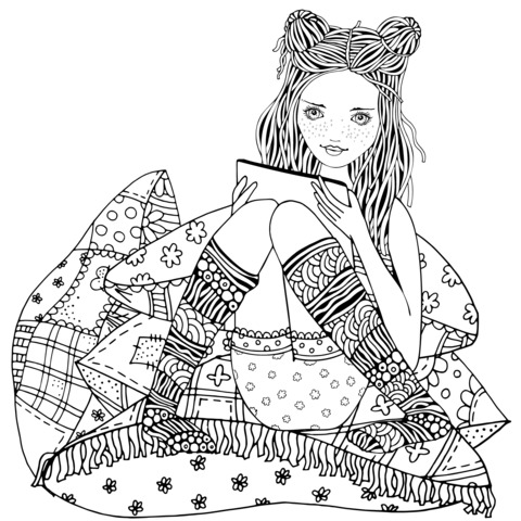 Girl Cozily Reading a Coloring Page Illustration