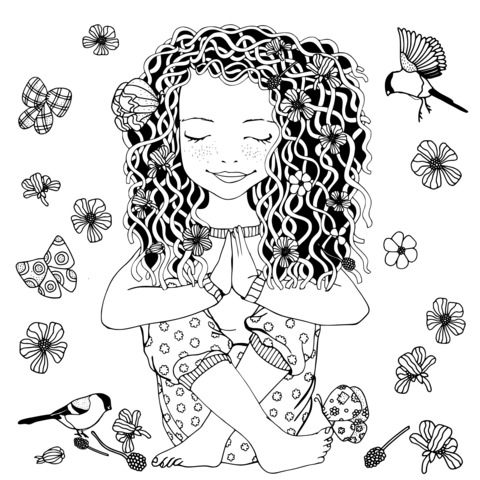 Meditating Girl Coloring Page: Surrounded by Flowers, Butterflies and Birds