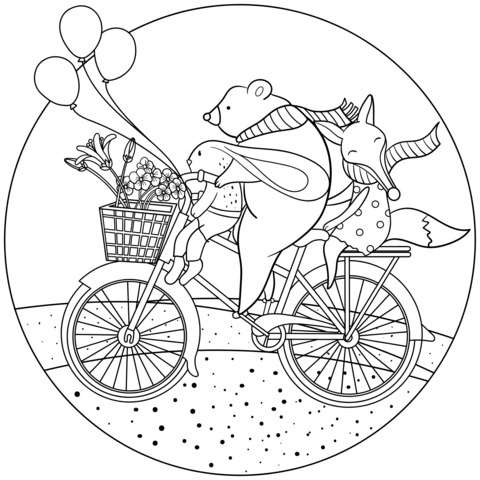 Animal Friends Riding a Bicycle Coloring Page