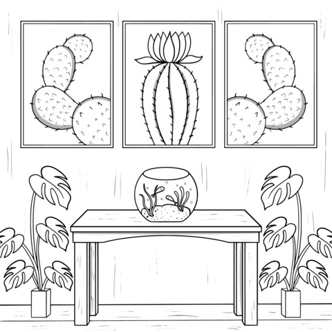 Indoor Cacti and Fish Tank Coloring Page