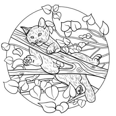 Adorable Kitten Climbing Tree Coloring Page