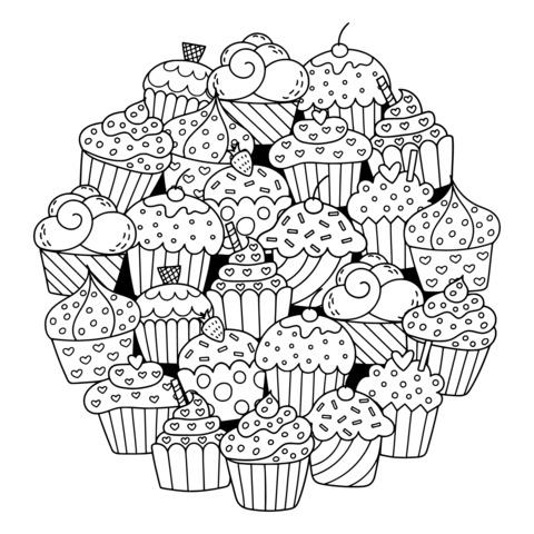 Página para colorear de deliciosos cupcakes