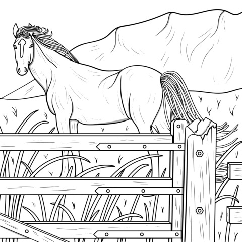 Coloring Page of a Horse in a Pastoral Landscape