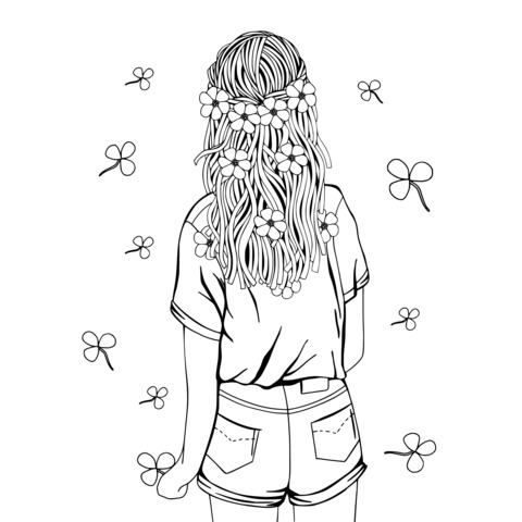 Girl's Back View Coloring Page: Long Hair, Flower Wreath and Four - Leaf Clovers