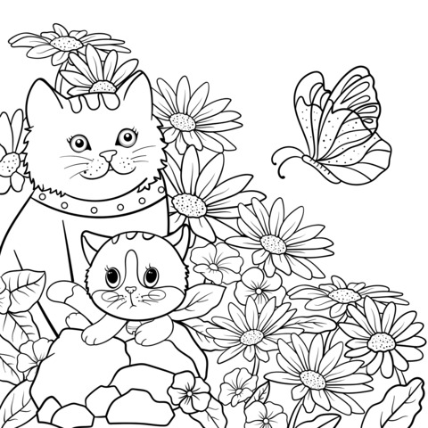 Página para Colorear de Gatos Adorables con Mariposas y Flores