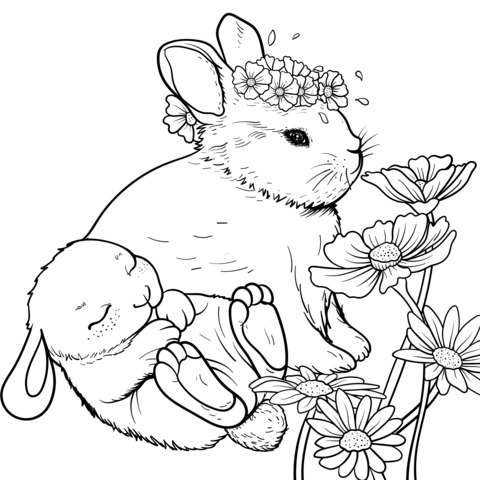 Adorable Rabbits and Flowers Coloring Page