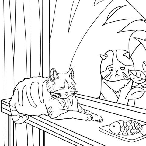 Coloring Page of Two Cats by the Window: Moments of Laziness and Curiosity