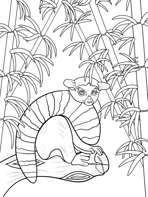 Página de colorear de un lemur en el bosque de bambú