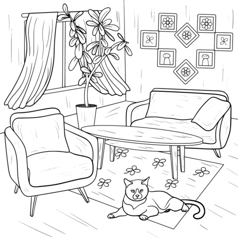 Cozy Living - room with Cat Coloring Page