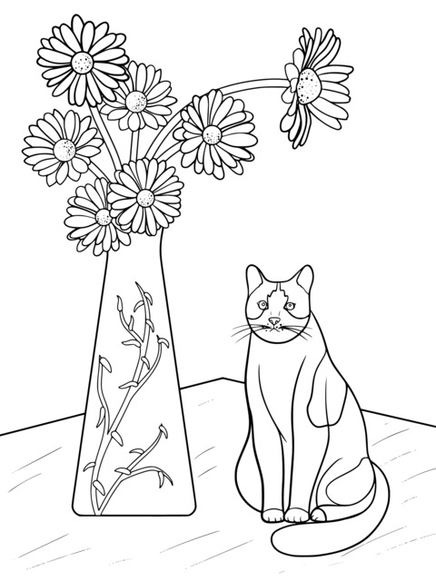 Coloring Page of a Cat and Flowers beside a Vase