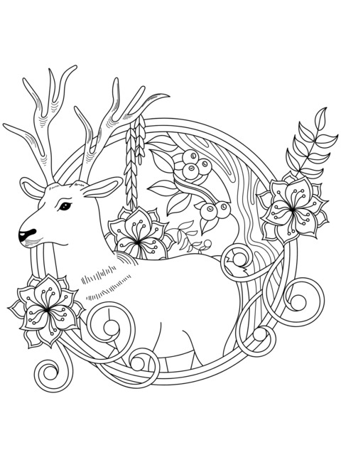 Deer and Flower Wreath Coloring Page