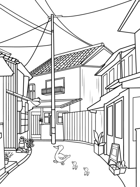 Coloring Page of a Colorful Hand - drawn Alley and Duck Group