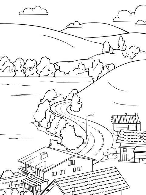 Rural Lakeside Scenery Coloring Page