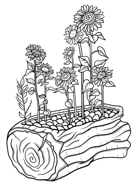 木製の水槽に植えられたヒマワリ