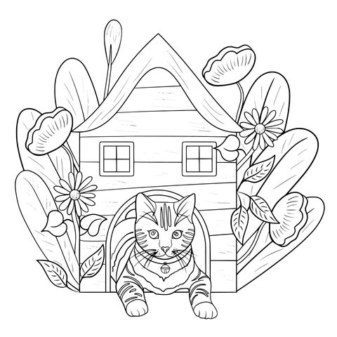 Página para colorear de un gato lindo y una casita