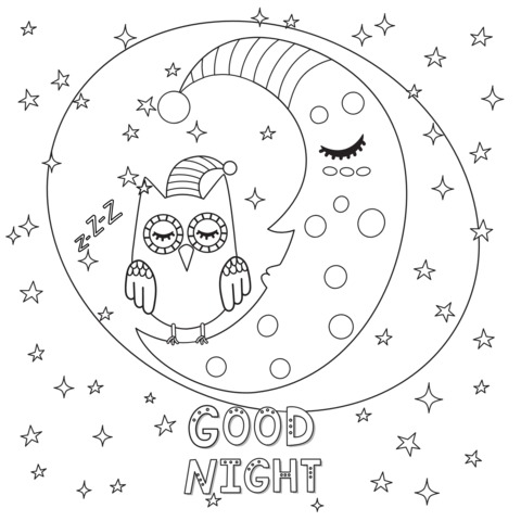 Cute Owl and Moon Good - Night Coloring Page