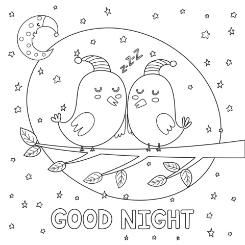 Cute Birds Good - Night Themed Coloring Page